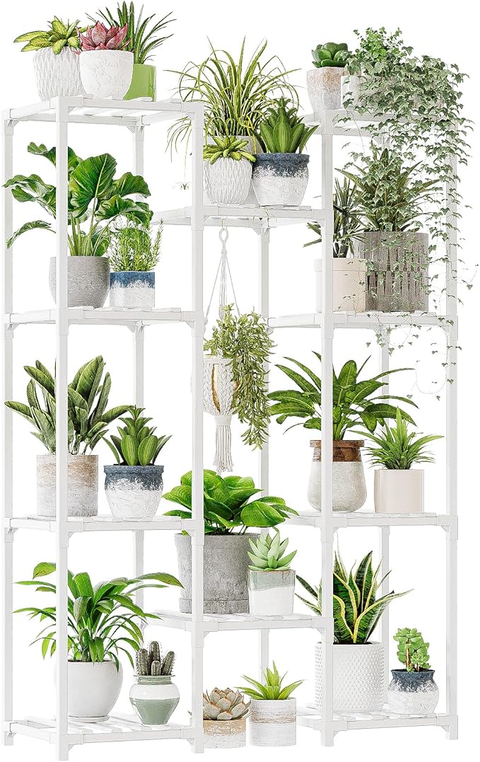 Bamworld White Plant Stand Indoor/Outdoor Ladder Plant Rack, 3 Tiers for 7 Pots, Living Room Boho Decor Bamworld