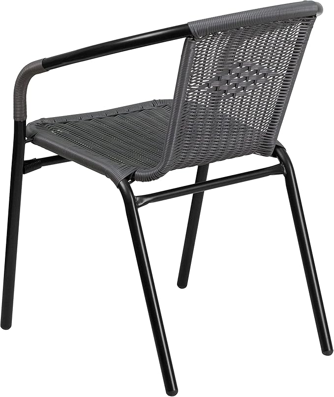 Flash Furniture 3-Piece Patio Dining Set with Round Glass Metal Table and 2 Stackable Rattan Chairs, Indoor/Outdoor Bistro Table and Chairs Set, Gray FlashFurniture