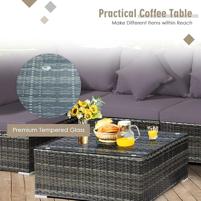 Tangkula 7 Pieces Wicker Patio Furniture Set, All-Weather Outdoor Rattan Sectional Sofa Set with Cushions & Tempered Glass Coffee Table, Outside Sofa Set for Garden, Lawn, Deck, Backyard (Grey) TANGKULA