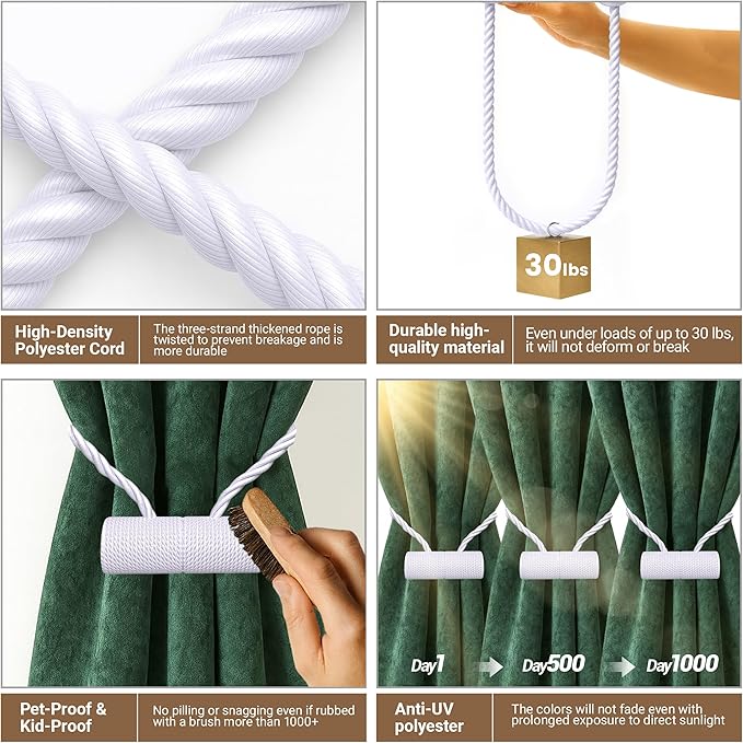 Hion Magnetic Curtain Tiebacks White 4 Pack, Curtain Tiebacks Buckles Holdbacks Holders Hooks Clip for Home Bedroom Office Hion