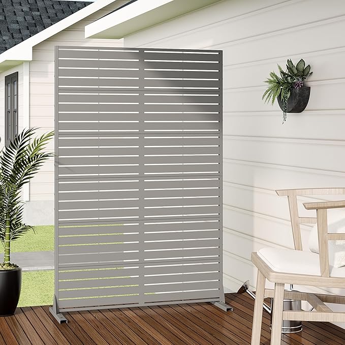 Casaphoria Metal Privacy Screen Outdoor, 72" H x 47" W Freestanding Decorative Privacy Screen for Patio Deck Balcony Garden with Stable Base, Grey-Louvered Casaphoria