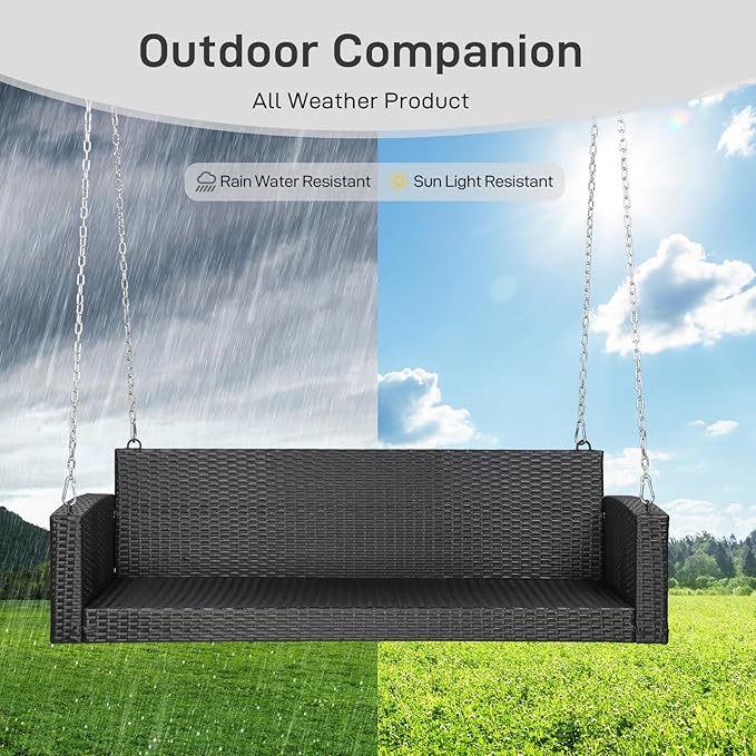 Outvita Porch Swing, 5FT Hanging Outdoor Porch Swings for Adults, Wicker 3 Person Patio Swing, with Cushion, Pillow and Chain for Garden, Backyard, Weight Capacity - 1000lbs Outvita