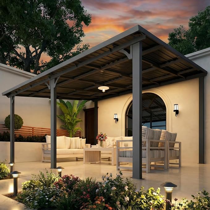 AECOJOY 12' x 14' Outdoor Hardtop Metal Gazebo for Patio, Large Lean to 14x12 Galvanized Steel Heavy Duty Wall Mounted Pergolas and Grill Gazebos Clearance, Patio Pergola Metal Roof Awnings for Decks AECOJOY