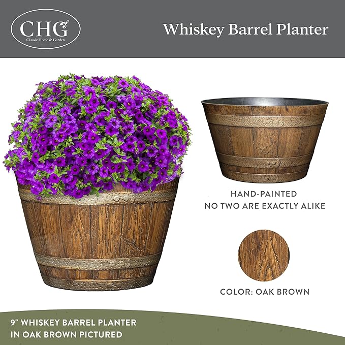 Classic Home and Garden Whiskey Barrel Planters - Wooden Finish Flower Planter Pot - Stylish Garden Pots - Indoor & Outdoor Resin Planters - Weather-Resistant Planting Pots (20.5" Oak Brown, 1-Pack) ClassicHomeandGarden