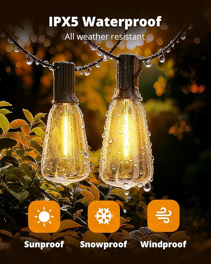 VIPAR LED Outdoor String Lights, 100FT Patio Lights with 32 Edison Shatterproof Bulbs, IPX5 Waterproof Outside Hanging Light Connectable for Backyard Porch Balcony Garden Deck Decor, E12 Base, Black VIPAR