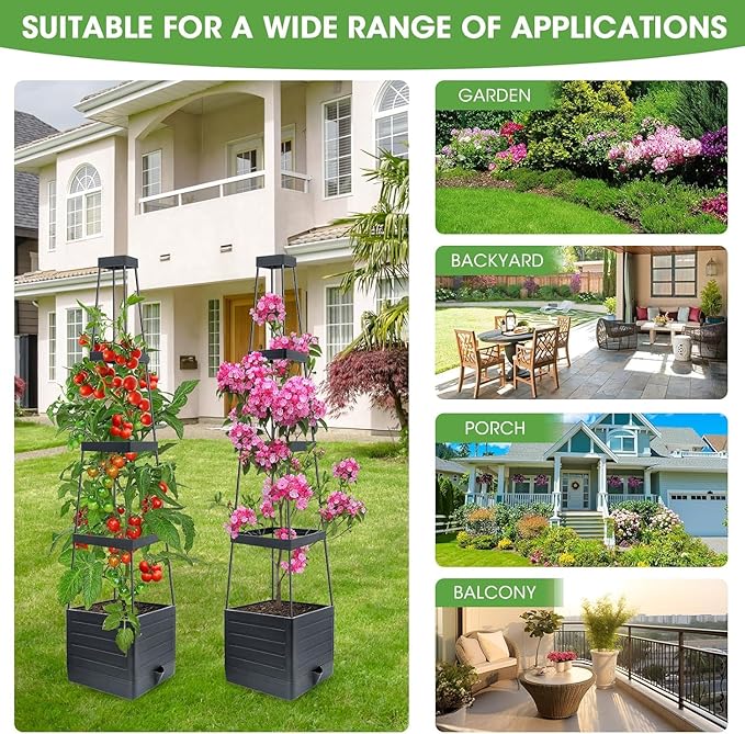 Raised Garden Bed 4 Packs, Planter Boxes with Trellis 58.3'' Tomato Planters for Climbing Vine Vegetables Flowers Plants Self Watering Tomatoes Cage for Outdoor Patio Greenhouse MYMULIKEHOME