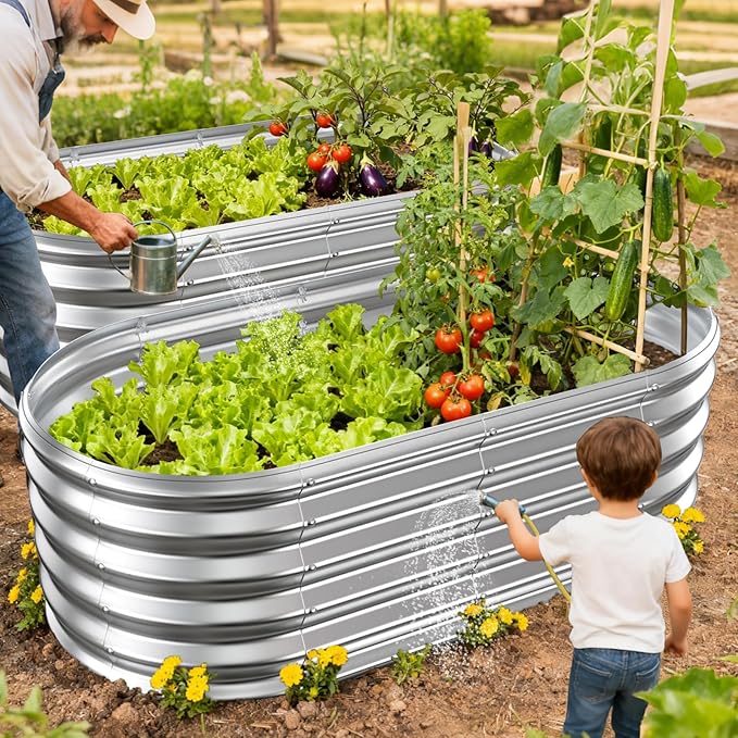 17" Tall Outdoor Garden Raised Garden Bed Kits, 4ft X 2ft Oval,0.8MM Thick Metal Raised Planter Bed/Ground Planter Box for Variety of Flowers,Herbs,Vegetables (Silver, 48X24X16.5 Inches) YSEJOMP