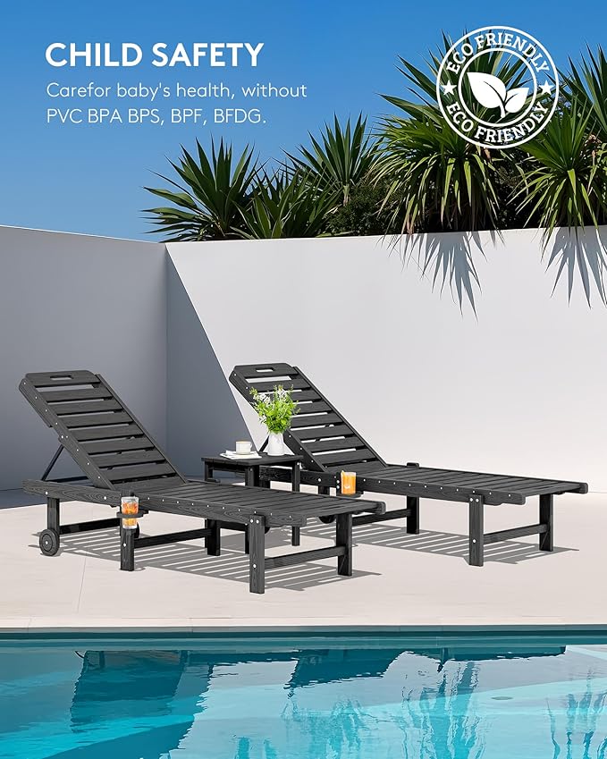 SERWALL Outdoor Chaise Lounge Set of 6, HDPE Pool Lounge Chair with 5-Position Adjustable Backrest, Patio Lounger with Rolling Wheels & Cup Holder for Pool, Grey SERWALL