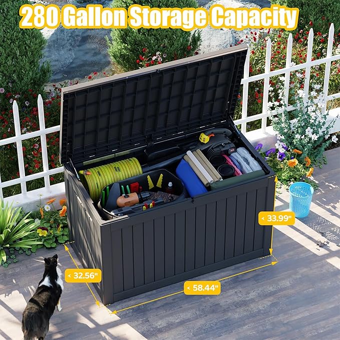 Deck Box - 280 Gallon Large Outdoor Storage box,Waterproof Patio Furniture and Storage Deck - Lockable and UV Resistant, Perfect for Pool and Outdoor Use, Weatherproof Resin, Lockable (Black) MAIUSCOLI