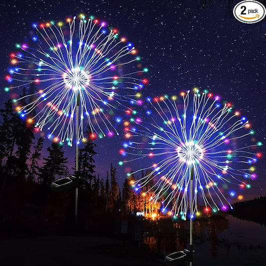 JJGoo Solar Firework Lights, 2 Pack 180 LEDs 2 Lighting Modes Solar Lights Outdoor Waterproof for Garden Patio Walkway Pathway Party Wedding Christmas Decorative - Colorful JJGoo
