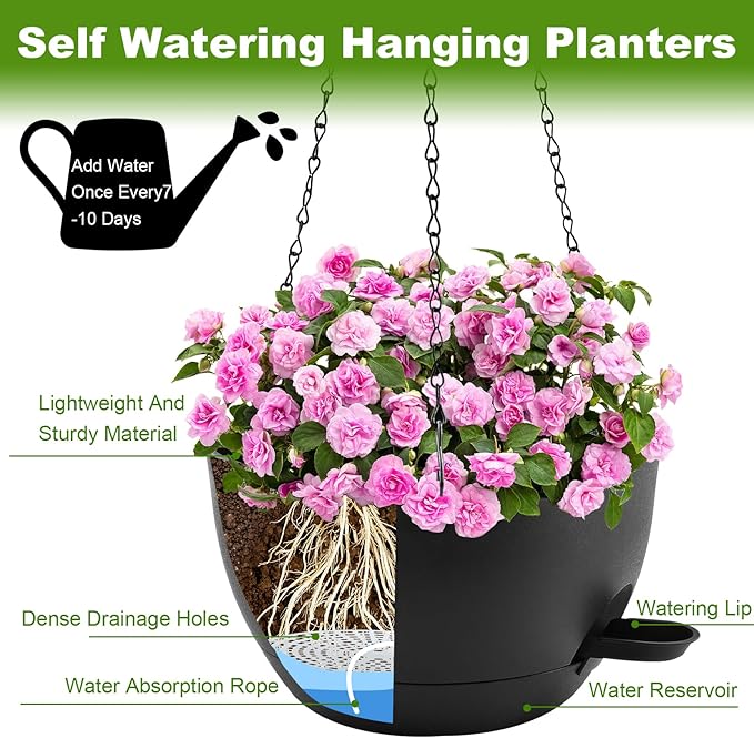 12 inch Hanging Planters for Indoor Plants, 2 Pack Self-Watering Hanging Planter Pots with Chain and Drainage Holes, Outdoor Plastic Hanging Baskets for Garden Home Decor (Black, 2pcs/12inch) Rootora