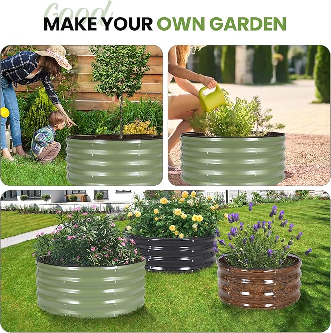 G GOOD GAIN Round Raised Garden Bed - 1Pcs 3x3x1.4ft Galvanized Steel Planter Boxes Outdoor with Rubber Edge Trim | Metal Raised Beds for Gardening Vegetables Flowers Fruits Herbs (Olive Green) GGOODGAIN