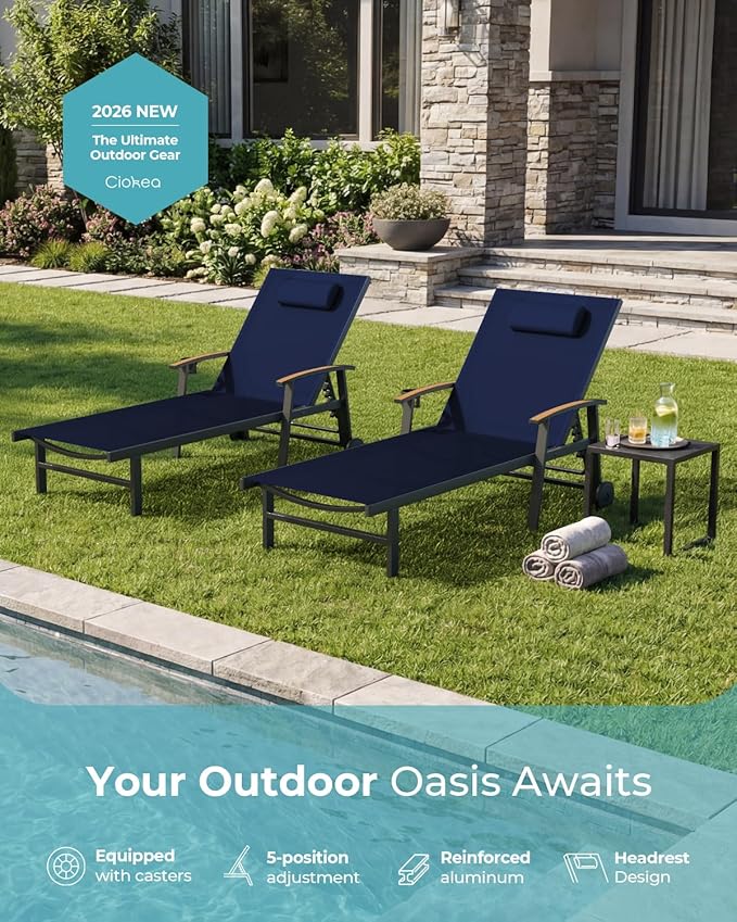 Ciokea Outdoor Lounge Chair with Pillow Set of 2, 5-Position Aluminum Chaise Lounge with Wheels & Armrests, 400 lbs Heavy Duty Patio Pool Chair for Backyard, Deck, Beach & Poolside, Navy Blue CIOKEA