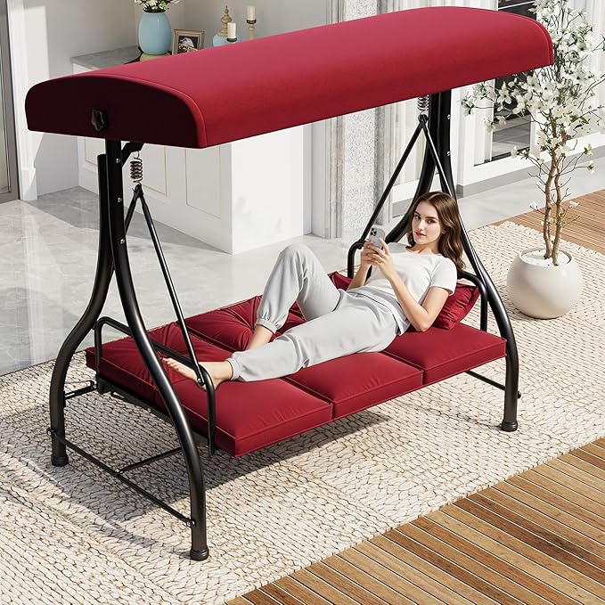 U-MAX Porch Swing Chair with Adjustable Backrest&Canopy, 3 Seat Patio Swing with Canopy 2-in-1 Convertible Outdoor Swing with Canopy Patio Daybed with Removable Burgundy Cushions U-MAX