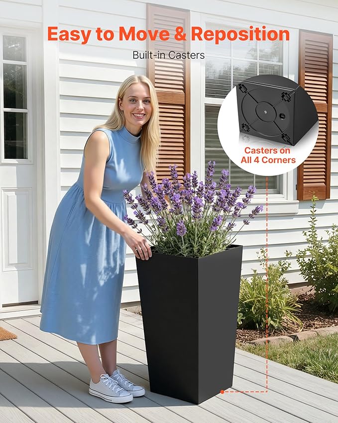 VEVOR 30 inch Tall Planters for Outdoor Plants Set of 2, Black Tall Planter for Indoor Plants, Modern Large Planters for Front Porch Patio Balcony, Plant Container Flower Pots with Built-in Drainage VEVOR