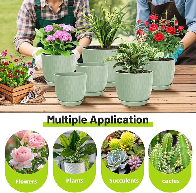 Plastic Plant Pots 10/9/8/7.5/7 inch Set of 5, Flower Planters with Drainage Holes and Saucers, Plastic Pots for Indoor Outdoor Plants, Livingroom Garden Decor (Green) LesOasis