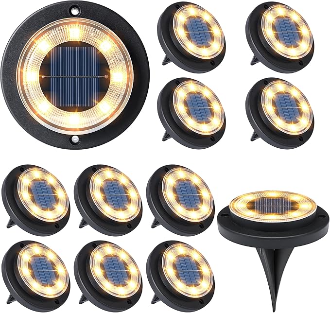 Flacchi Solar Lights Outdoor - Solar Powered Ground Lights Outdoor Solar Disk Light Waterproof Landscape Light for Patio Yard Pathway Walkway Driveway (Warm White, 12 Pack) Flacchi
