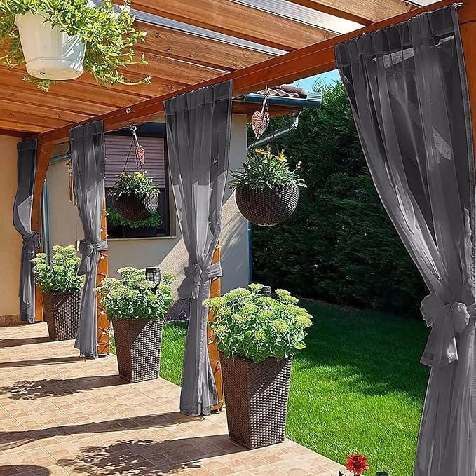 SpaceDresser Waterproof Outdoor Sheer Curtains for Patio - 4 Panels Rod Pocket Indoor Voile Sheer Curtain for Living Room,52W x 84L inch, Grey SpaceDresser