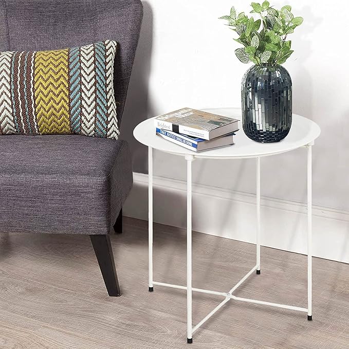 Garden 4 you End Table Metal Side Table Round Folding Tray Cyan Sofa Small Accent Fold-able Table, Round End Table Tray, Next to Sofa Table, Snack Table for Living Room and Bed Room,White Garden4you