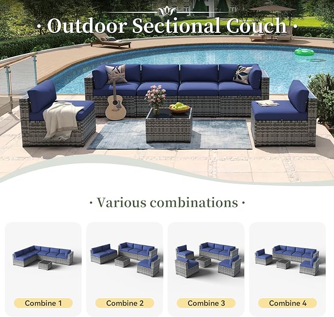 Aoxun 7 Piece Patio Furniture Set Wicker Rattan Patio Conversation Set Outdoor Sectional Sofa Set with Coffee Table and Thickened Cushions, Gray/Blue(Waterproof Cover Included) Aoxun