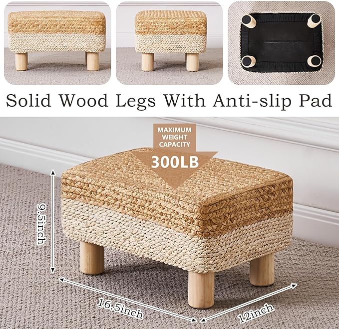 Wimarsbon Natural Seagrass Footstool Ottoman Rectangular Footrest Pouf Ottomans with Wooden Legs Hand Weave Step Stool for Living Room Bedroom Entryway White Wimarsbon