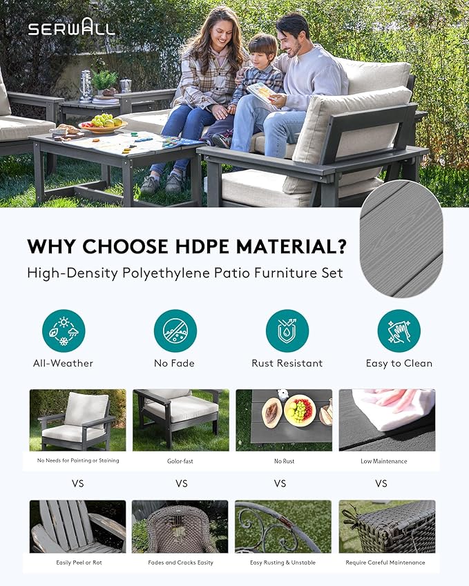 SERWALL HDPE Patio Furniture Set, 7-piece Outdoor Sectional Sofa Set, All Weather Outdoor Couch Set for Deck, Lawn, Grey Frame with Khaki Cushion SERWALL
