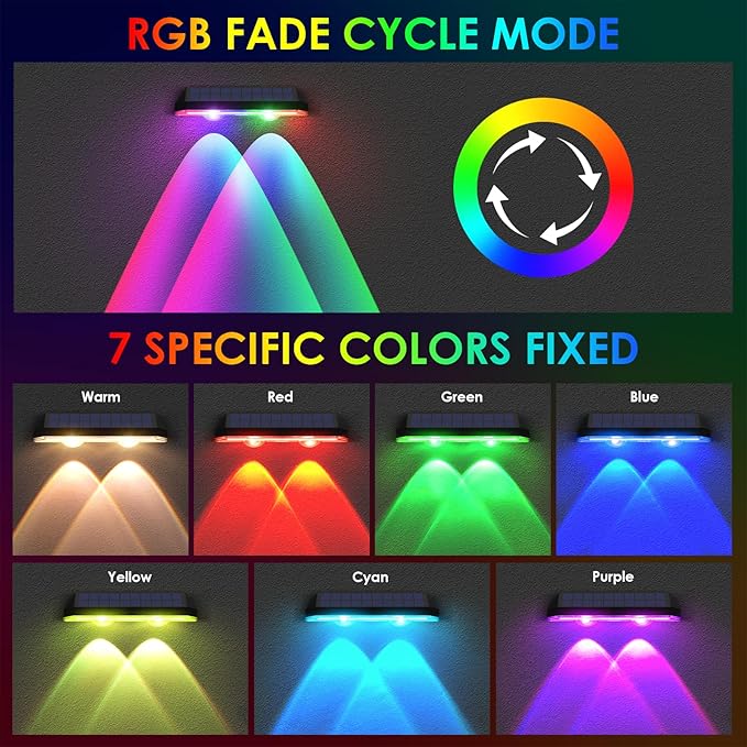 Solar Fence Lights Outdoor - Warm White & RGB 6 Color, Dusk to Dawn Solar Deck Light, Solar Lights Outdoor IP65 Waterproof, Garden Lights for Outside/Backyard/Railing/Step/Patio/Wall (12 pack) LIANGLOME