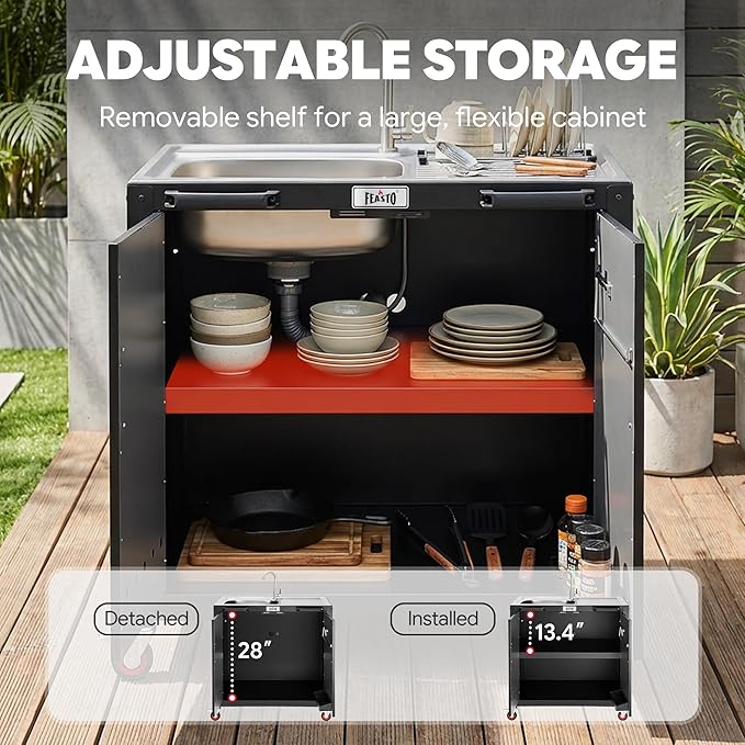 Outdoor Kitchen Island with Stainless Steel Sink and Storage Cabinet, 35-Inch BBQ Prep Station with Faucet & Lockable Wheels for Patio, Backyard, and Outdoor Cooking, Black & Silver Idealforcook