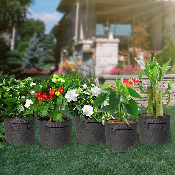 5 Pack 3 Gallon Grow Bags with Handles Garden Vegetable Flower Grow Bags Nonwoven Aeration Fabric Pots for Nursery Garden Planting WIRETRAN
