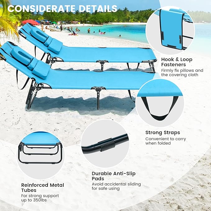 GYMAX Tanning Chair, 350lbs Beach Lounge Chair with Face Hole, Detachable Washable Pillow & Carry Strap, Adjustable Folding Chaise Lounge, Layout Chair for Outside, Patio, Poolside, Lawn (1, Arctic) GYMAX