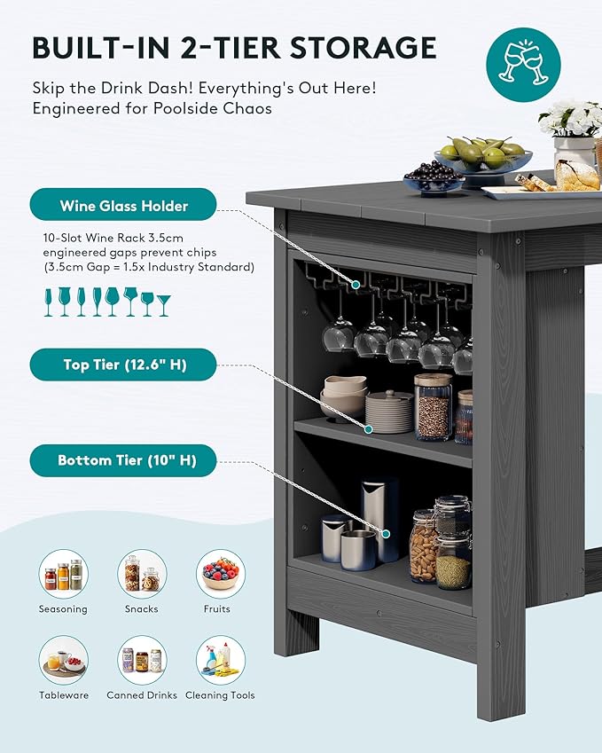 SERWALL 3-Piece Outdoor Counter Height Bar Set, HDPE Patio Bar Table with Wine Rack & Storage Shelf, 2 All-Weather Bar Stools, Patio Bar Dining Furniture Set for 3, Grey SERWALL