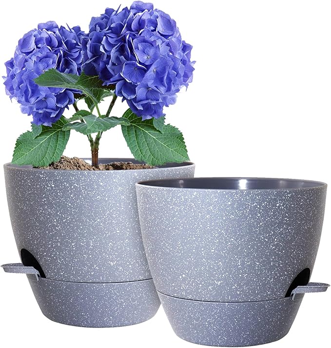 10 inch Self Watering Pots, Planter, Plant Pots with Mesh Drainage Holes for Indoor Outdoor House Plants and Garden, Set of 2 Plastic Flower Pots with Deep Reservoir, Speckled Grey WSMKSZ