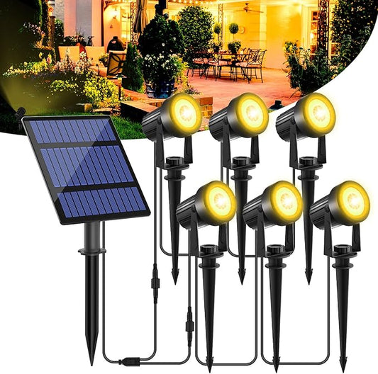 T-SUNUS Solar Spot Lights Christmas 6-in-1 Outdoor Warm White 3000K Landscape Spotlight IP65 Waterproof Separated Panel Spotlights with 9.8ft Cable Auto On/Off for Tree Lawn Driveway Pathway Halloween T-SUNUSLighting