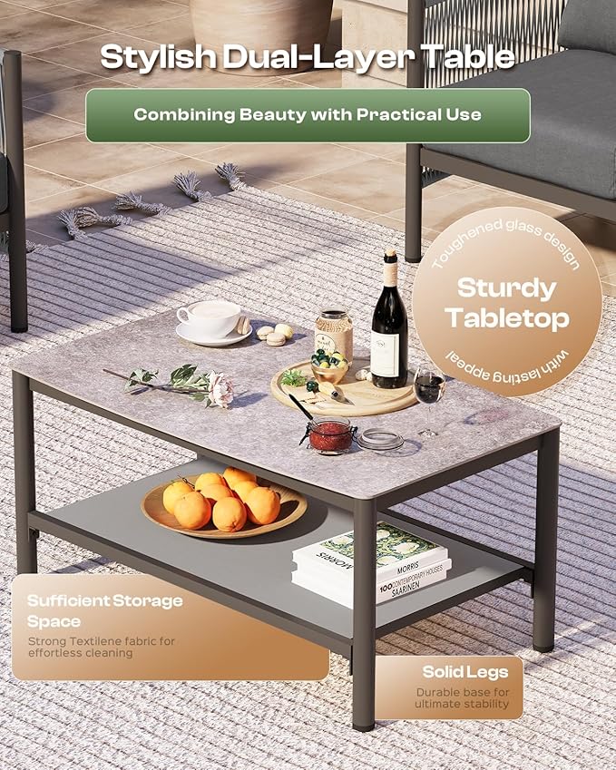 Aluminum Outdoor Patio Furniture Set with Dual-Layer Coffee Table, 4 Piece Modern Patio Conversation Sets with PE Rope, Outdoor Sectional Sofa with Thick Cushions for Balcony, Porch, Charcoal Oasbira