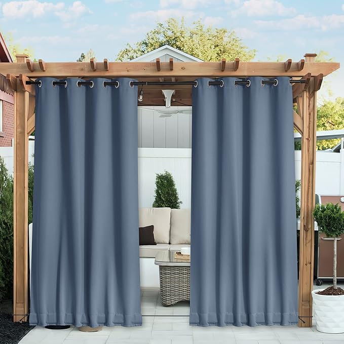NICETOWN 2 Panels Fixed Stone Blue Outdoor Curtains for Patio Waterproof, Top & Bottom Grommet & Back Tab Windproof Drapes Thermal Insulated Blackout Outdoor Blinds for Porch/Gazebo, W52 x L84 NICETOWN