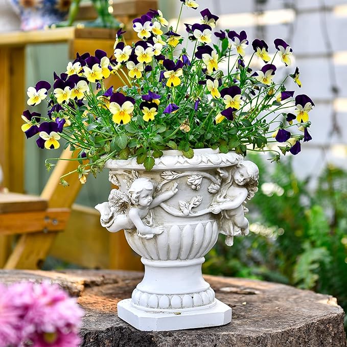 Sungmor Garden Cherub Urn Planter, Lovely Resin Angel Statue Flower Pots, Vintage European Style Planter, Rustic White Whimsy Fairy Decorative Plant Pot, Beautiful Pot for Indoor Outdoor Flowers Sungmor