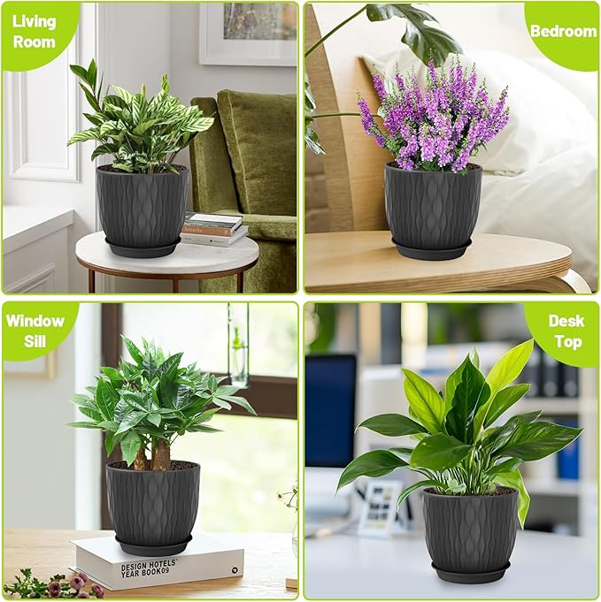 Plastic Plant Pots 10/9/8/7.5/7 inch Set of 5, Flower Planters with Drainage Holes and Saucers, Plastic Pots for Indoor Outdoor Plants, Livingroom Garden Decor (Black) LesOasis