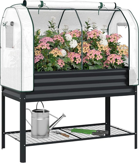 Outsunny Galvanised Raised Garden Bed with Greenhouse Cover, Metal Elevated Garden Bed with Legs, Bed Liner and Bottom Shelf, Outdoor Raised Planter Box for Vegetables, Herbs, Flowers, Black Outsunny
