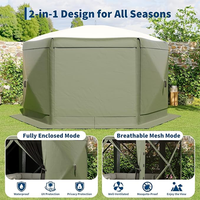 11.5x11.5FT 6-Sided Pop Up Gazebo Tent，One-Push Setup Canopy Tent with Mesh Panels & Removable Wind Cloths, Outdoor shelter for Camping, Backyard Parties, Outdoor Events - Army Green GarveeLife
