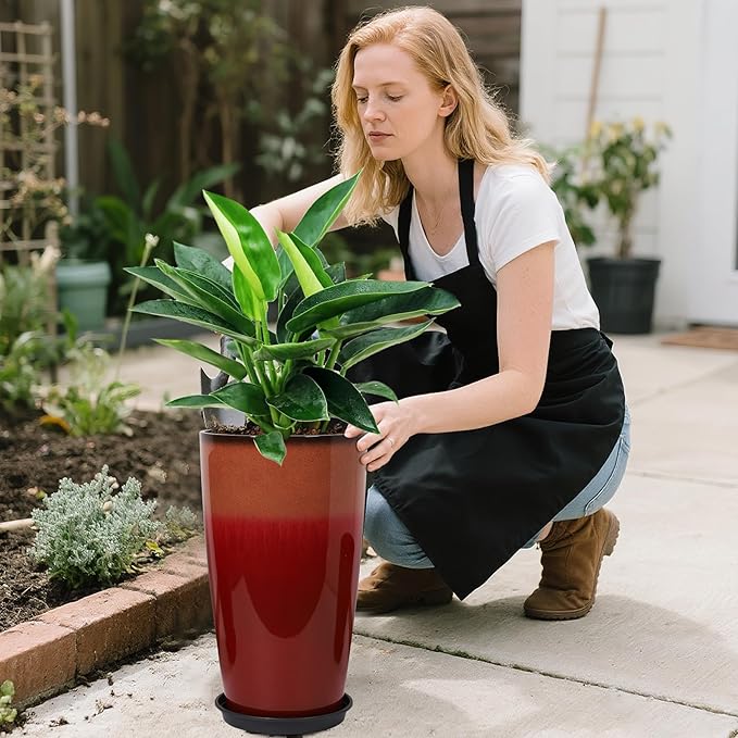 24/21/12 Inch Large Plastic Planter, Lightweight Ceramic-Look Tall Planters with Drain Hole & Saucers, Tall Plastic Planters for Porch, Garden, Patio, Balcony(Fiery Red) Neoaider