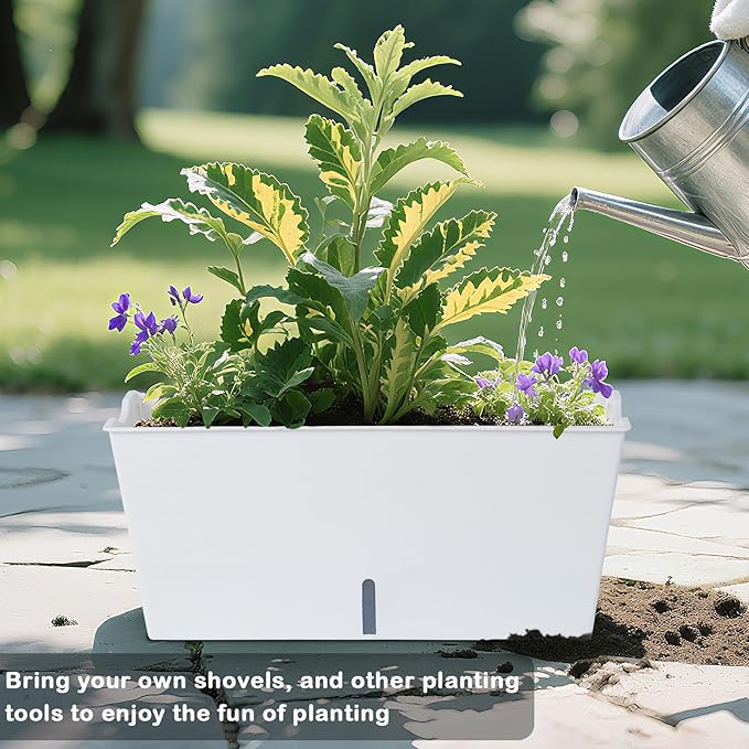 Window Box Planter 6 Pcs, 16.5 Inches Self Watering Rectangle Flower Plant Pots with Drainage Holes Trays, Vegetable Planters for Windowsill Patio Garden Balcony Porch Yard (White) Oliz