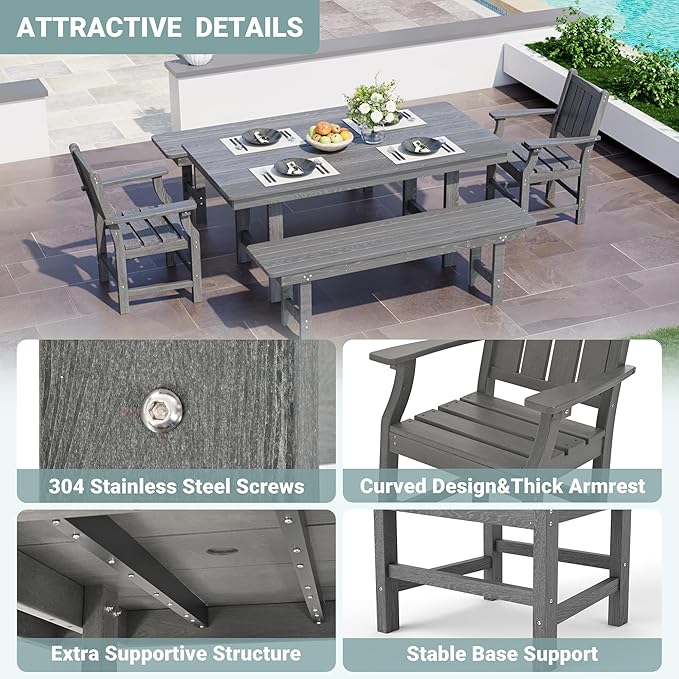 Pamapic 5 PCS Outdoor Dining Set, Spacious HDPE Outdoor Table and Chairs with 2 Bench, Wood Grain Patio Furniture Sets with Elegant Armrest, All-Weather Outdoor Furniture with Umbrella Hole, Gray Pamapic