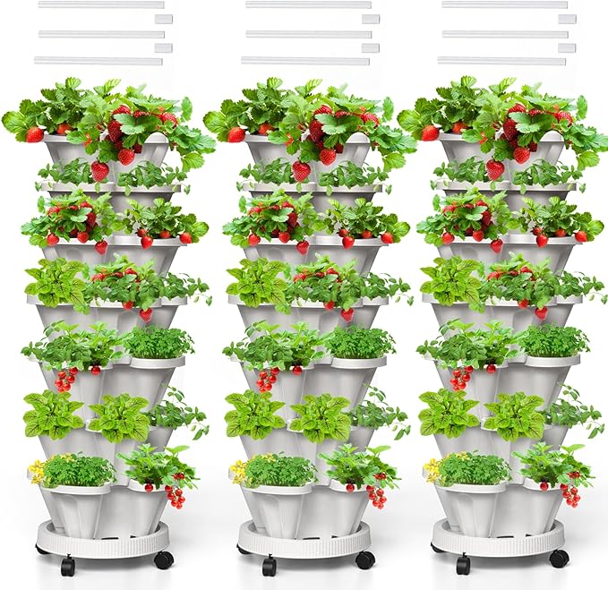Strawberry Vertical Planters Tower Garden 3 Pack, 7 Tiered Stacking Herb Vegetable Planter with Support Pole Indoor and Outdoor - White Tectsia