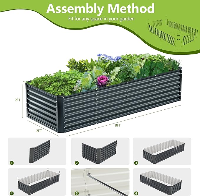 8x2x2FT Galvanized Raised Garden Bed,Galvanized Planter Boxes Outdoor, Large Metal Raised Garden Beds for Vegetables-Grey AyenGuard