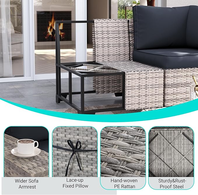 16-Piece Outdoor Patio Furniture Set with Rocking Swivel Chair, PE Wicker Rattan Sectional Sofa Patio Conversation Set with 55,000 BTU Fire Pit Table & Coffee Table, Dark Grey MuphyersPatioFurniture