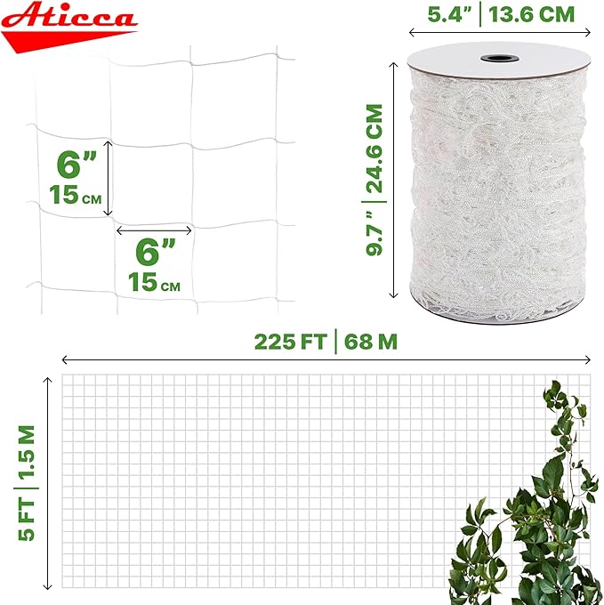 Trellis Netting 5 x 225 ft Heavy Duty Polyester Plant Support Netting White - 6 Inch Garden Rope Trellis on Roll - Mesh Twine for Growing Vine Climbing Plants, Flowers, Peas, and Tomatoes. Aticca