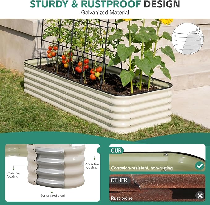 5 in 1Galvanized Raised Garden Bed - 8x3x1.4ft Modular Garden Planter Bed Outdoor | Steel Raised Bed Kit with Bracing Rods, Gloves for Gardening Vegetables Fruits and Flowers - White BIRDSINYARD