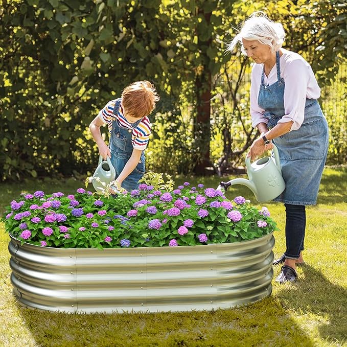 Galvanized Raised Garden Bed for Outdoor: 4X2X1ft Durable Metal Vegetable Plant Container Kit - Oval Planter Box for Gardening Flower Trough （2 Pack） Rootora