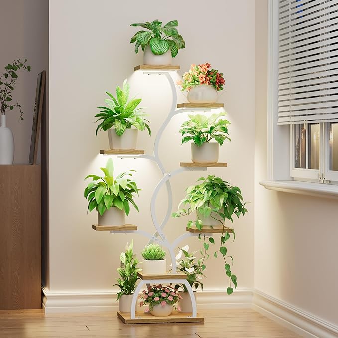Plant Stand Indoor with Grow Light - 8 Tiered Plant Shelf Indoor, Corner Plant Stand, 49" Tall Plant Shelf with Lights for Indoor Growing, Lighted Flower Holder for Living Room, Balcony (White) EVAWOO