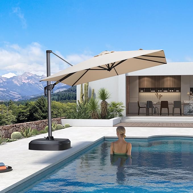 PURPLE LEAF 8' X 8' Patio Umbrella with Wheeled Base for Pool 7' High Offset Outdoor Cantilever Umbrella Swimming Pool Umbrella with 360°Rotation for Poolside Beige PURPLELEAF